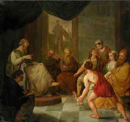 Diogenes brings a plucked chicken to Plato